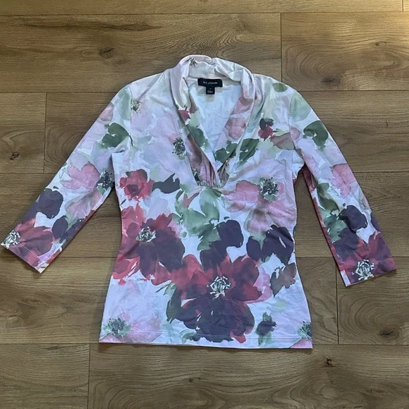 ST. JOHN Pink Floral Print Jersey Women’s Medium 3/4 Sleeve Blouse - Picture 1 of 9